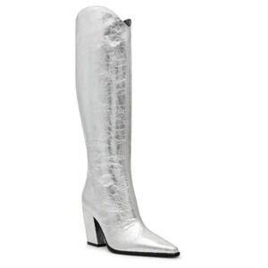Steve Madden Silver Crinkle Metallic Knee High Boots Pointed Toe‎ Womens 8.5 NEW